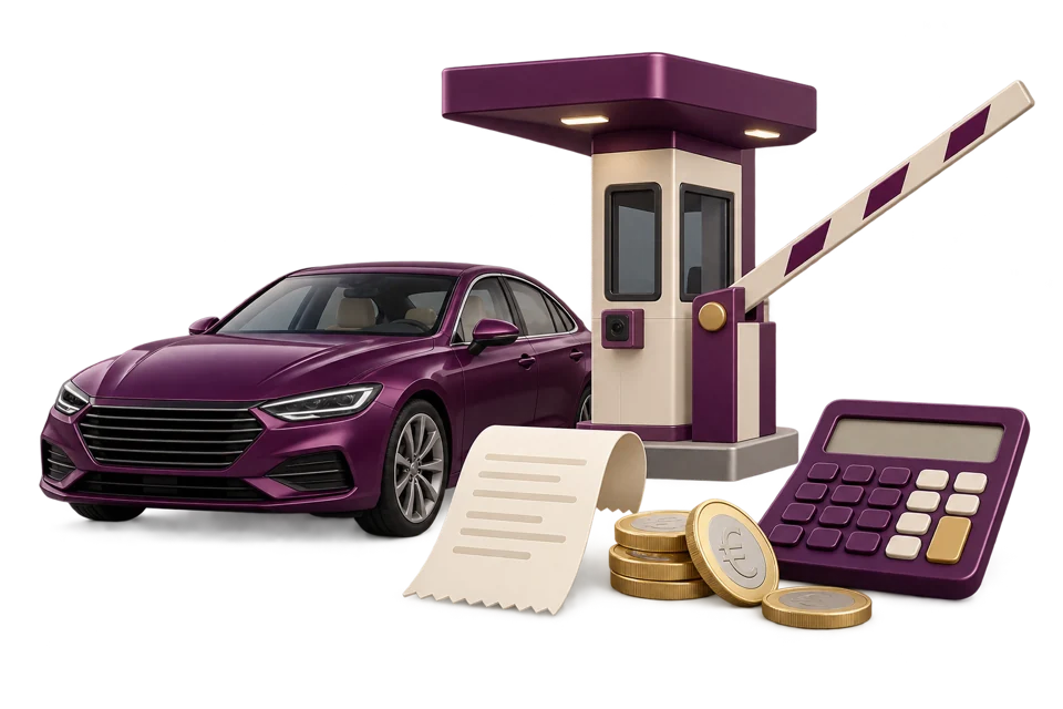 Kalkulator cestarina – automobil, naplatna postaja, kalkulator i euro kovanice