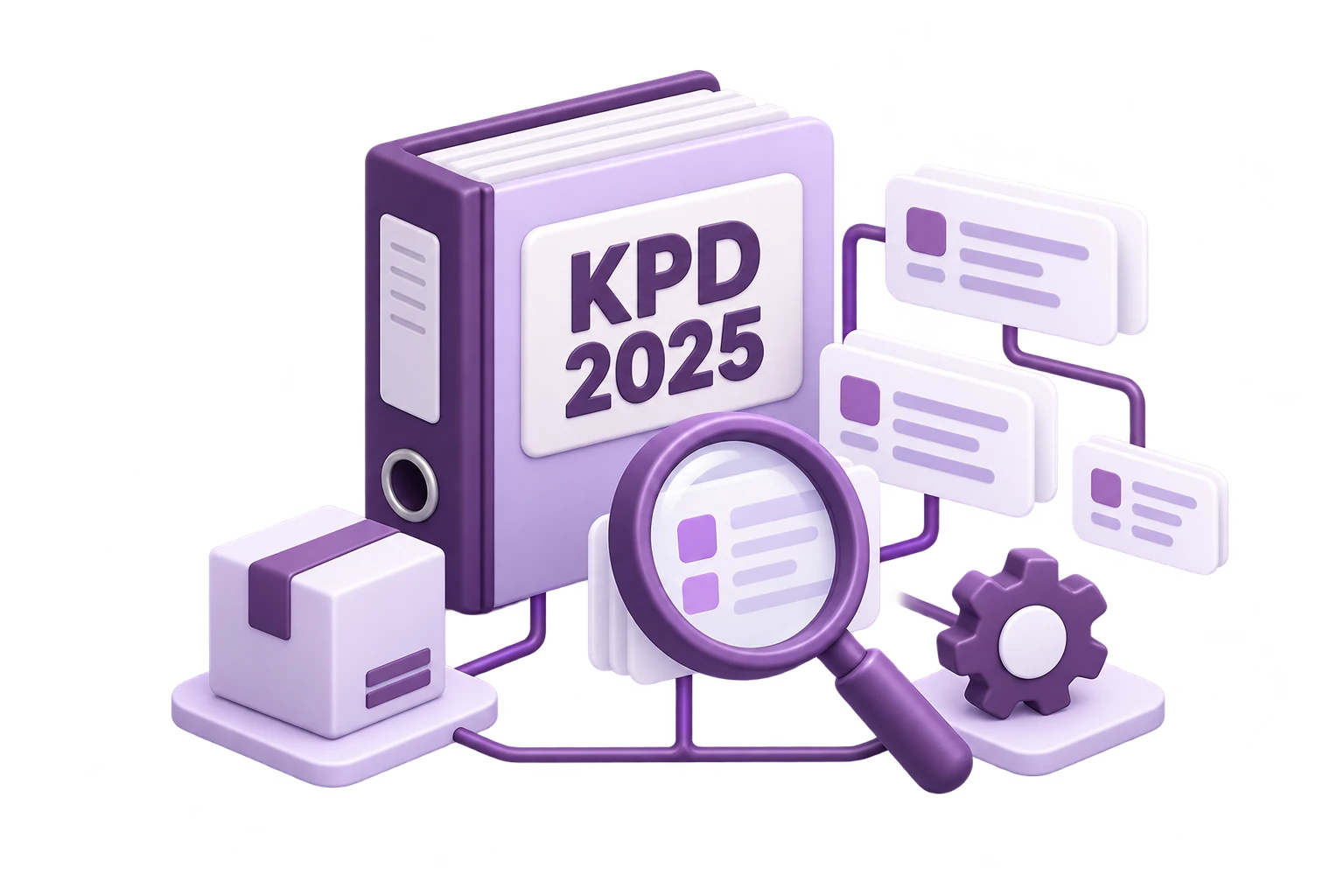 Ljubičasti katalog KPD 2025 s klasifikacijskim karticama, povećalom te simbolima robe i usluga